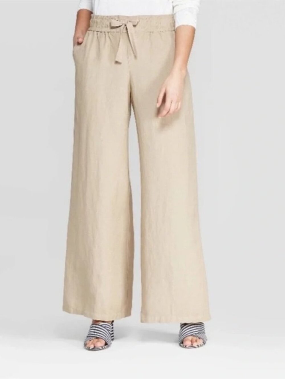 Comfort Linen Blend Wide Leg Pants sz L Beige Summer Casual Pull-on